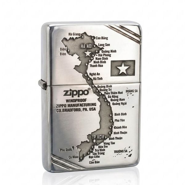 Zippo Bạc Khối Tái Bản 1937 Vintage Chặt Góc Khắc Bản Đồ Việt Nam BK88
