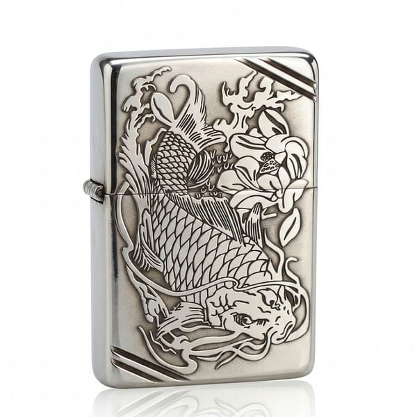 Zippo Bạc Khối Tái Bản 1937 Vintage Chặt Góc Khắc Cá Chép Trong Đầm Sen BK87