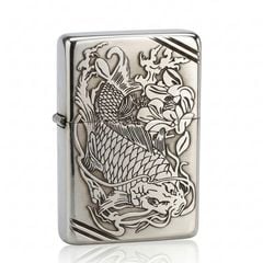 Zippo Bạc Khối Tái Bản 1937 Vintage Chặt Góc Khắc Cá Chép Trong Đầm Sen BK87