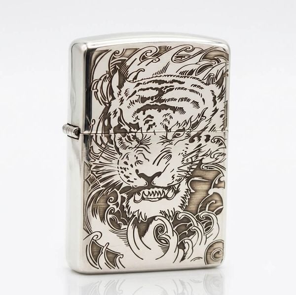Zippo Bạc Khối Khắc Hình Mãnh Hổ Giương Vuốt BK28