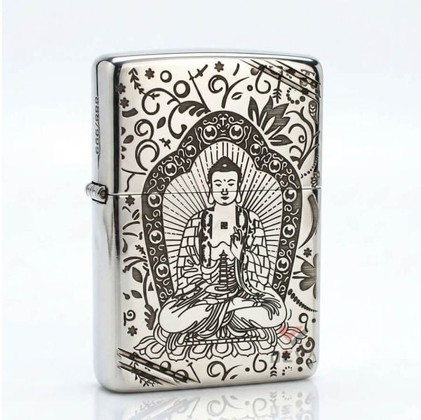 Zippo Bạc Khối Tái Bản 1937 Vintage Chặt Góc Khắc Đức Phật A Di Đà BK86