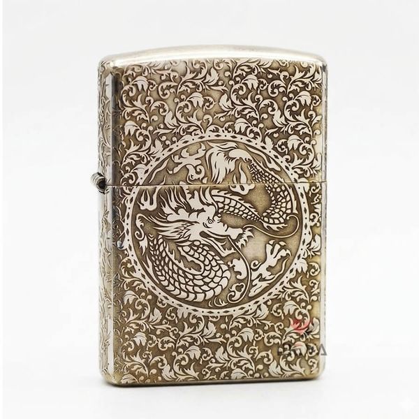 Zippo Bạc Khối Khắc Hoa Văn Rồng Phượng BK47