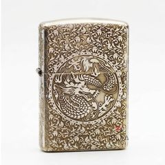 Zippo Bạc Khối Khắc Hoa Văn Rồng Phượng BK47