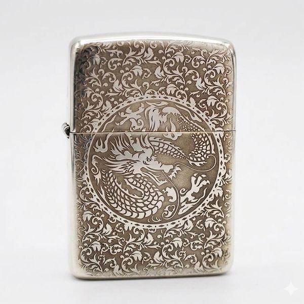 Zippo Bạc Khối Tái Bản 1941 Khắc Hoa Văn Rồng Phượng BK32