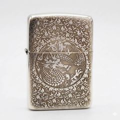 Zippo Bạc Khối Tái Bản 1941 Khắc Hoa Văn Rồng Phượng BK32