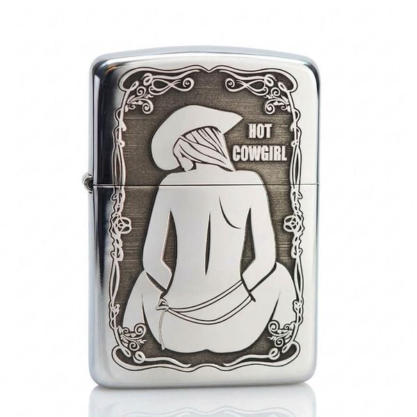 Zippo Bạc Khối Tái Bản 1941 Khắc Cô Gái Cao Bồi Quyến Rũ BK73