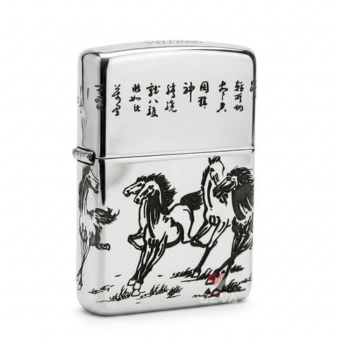 Zippo Bạc Khối Khắc Đàn Ngựa Mã Đáo Thành Công BK10