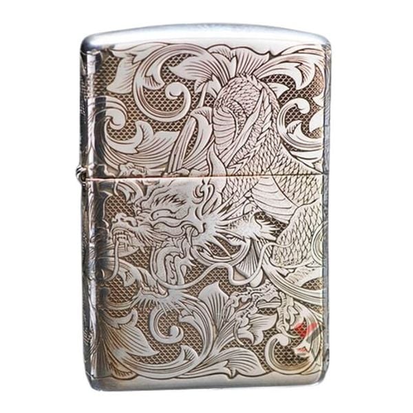 Zippo Bạc Khối Chạm Khắc Hình Rồng Cuộn BK16