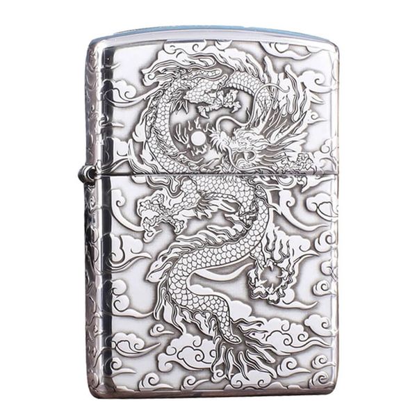 Zippo Bạc Khối Khắc Hình Rồng Mây 2 Mặt BK15