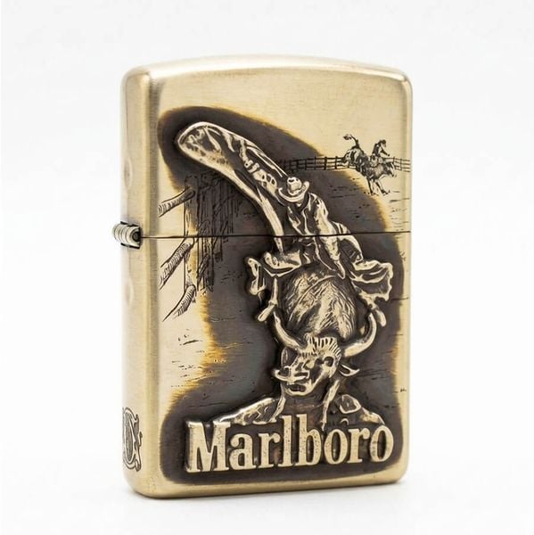 Zippo Bạc Khối Ốp Emblem Chàng Cao Bồi Cưỡi Bò Marlboro BK44