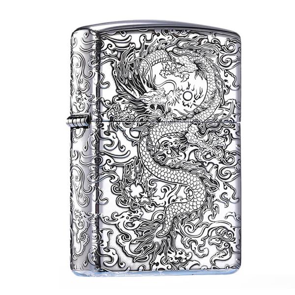 Zippo Bạc Khối Armor Khắc Rồng Mây BK82