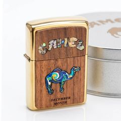 Zippo xuất Nhật ốp gỗ óc chó khảm trai Chủ Đề Camel ZN346