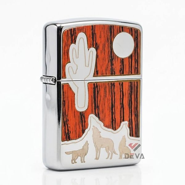 Zippo Armor Ốp Gỗ Chủ Đề Chó Sói Hú Trăng Bản Giới Hạn ZN347