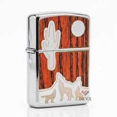 Zippo Armor Ốp Gỗ Chủ Đề Chó Sói Hú Trăng Bản Giới Hạn ZN347