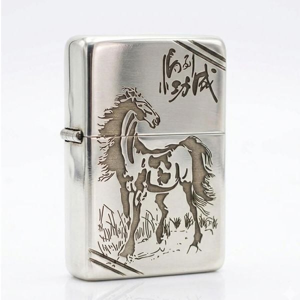 Zippo Bạc Khối Tái Bản 1937 Vintage Khắc Hình Ngựa BK13
