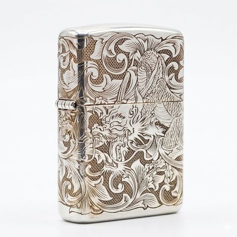 Zippo Bạc Khối Chạm Khắc Hình Rồng Cuộn BK16