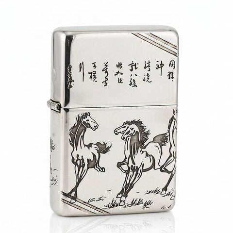 Zippo Bạc Khối Chặt Góc Khắc Đàn Ngựa Mã Đáo Thành Công BK78