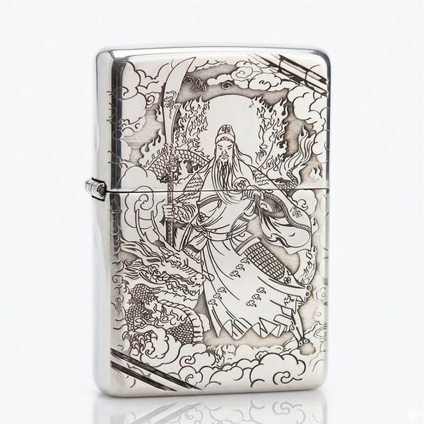 Zippo Bạc Khối Tái Bản 1937 Vintage Chặt Góc Khắc Hình Quan Vũ BK31