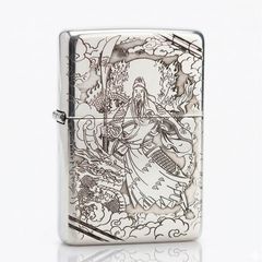 Zippo Bạc Khối Tái Bản 1937 Vintage Chặt Góc Khắc Hình Quan Vũ BK31