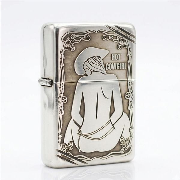 Zippo Bạc Khối Tái Bản 1937 Vintage Khắc Cô Gái Cao Bồi Hot Cowgirl BK36