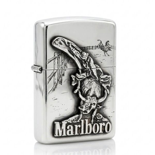 Zippo Bạc Khối Ốp Emblem Chàng Cao Bồi Cưỡi Bò Marlboro BK44