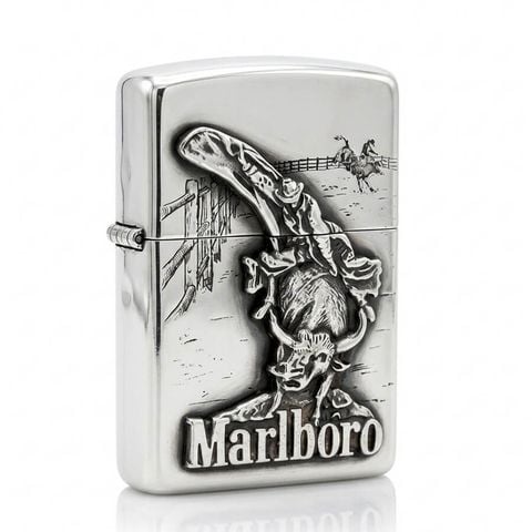 Zippo Bạc Khối Ốp Emblem Chàng Cao Bồi Cưỡi Bò Marlboro BK44