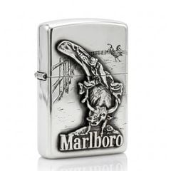 Zippo Bạc Khối Ốp Emblem Chàng Cao Bồi Cưỡi Bò Marlboro BK44