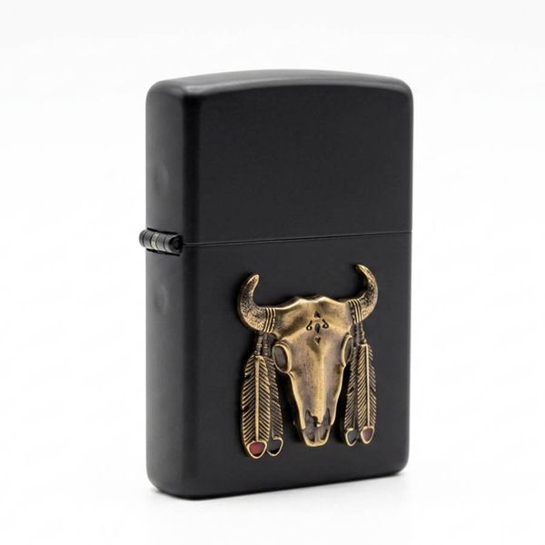 Zippo sơn đen ốp Emblem đầu trâu thổ dân ZN306