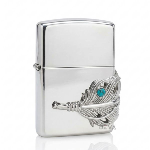 Zippo Bạc Khối Ốp Emblem Bạc Lông Vũ Gắn Lam Ngọc BK90