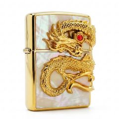 Zippo Khảm Trai Ốp Tượng Rồng Mạ Vàng Cầm Ngọc ZN300