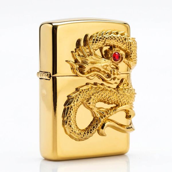 Zippo Khảm Trai Ốp Tượng Rồng Mạ Vàng Cầm Ngọc ZN300