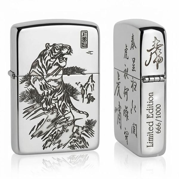 Zippo Bạc Khối Tái Bản 1941 Hình Hổ Núi BK45