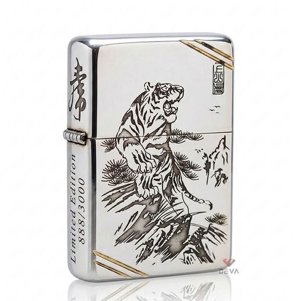 Zippo Bạc Khối Tái Bản 1937 Vintage Chặt Góc Khắc Hổ Núi BK14