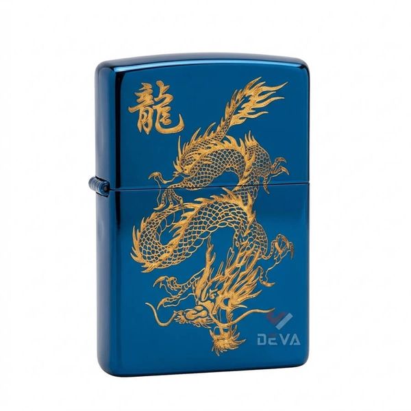 Zippo Xanh Sapphire Khắc Hình Rồng Bay Mạ Vàng ZK07