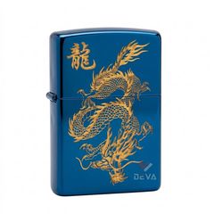 Zippo Xanh Sapphire Khắc Hình Rồng Bay Mạ Vàng ZK07