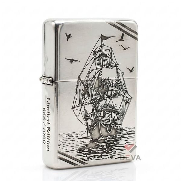 Zippo Bạc Khối Chặt Góc Khắc Hình Thuyền Buồm BK29