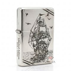 Zippo Bạc Khối Chặt Góc Khắc Hình Thuyền Buồm BK29