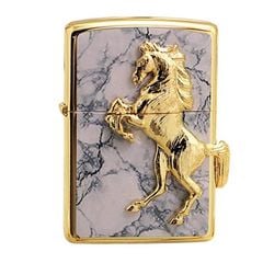 Zippo Ốp Cẩm Thạch Đen Ngựa Nổi Mạ Vàng ZN115