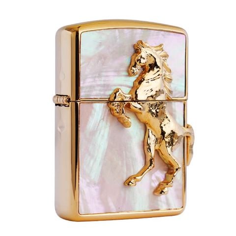 Zippo Khảm Trai Mạ Vàng Ốp Ngựa Nổi 3D ZN16