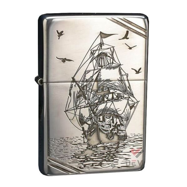 Zippo Bạc Khối Chặt Góc Khắc Hình Thuyền Buồm BK29