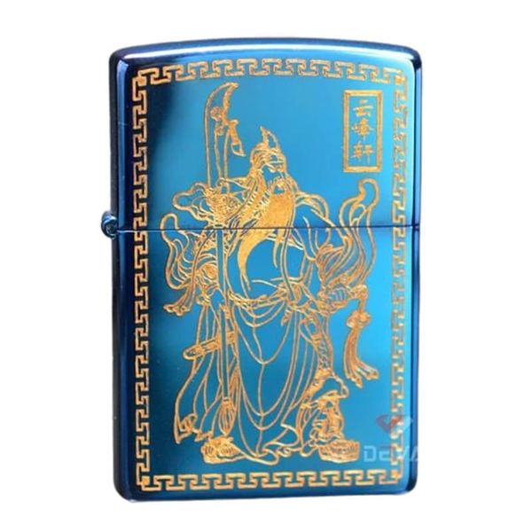 Zippo Xanh Sapphire Khắc Quan Vân Trường Mạ Vàng ZK39