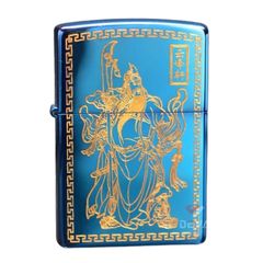 Zippo Xanh Sapphire Khắc Quan Vân Trường Mạ Vàng ZK39