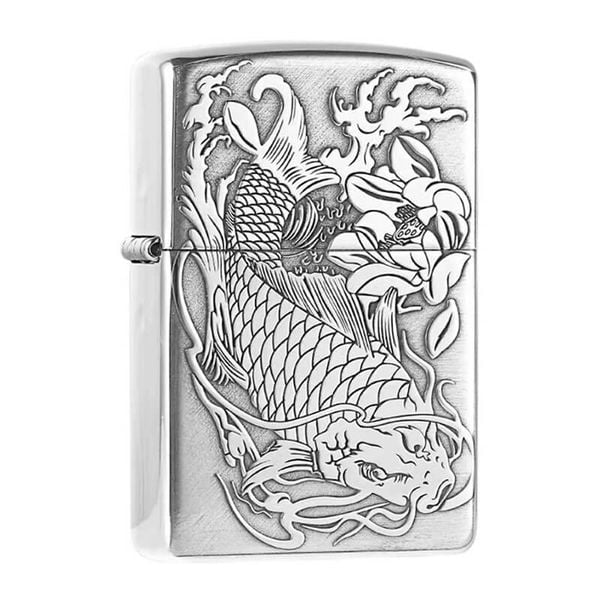 Bật lửa Zorro Bạc Khối Khắc Hình Cá Chép Đầm Sen ZBK01