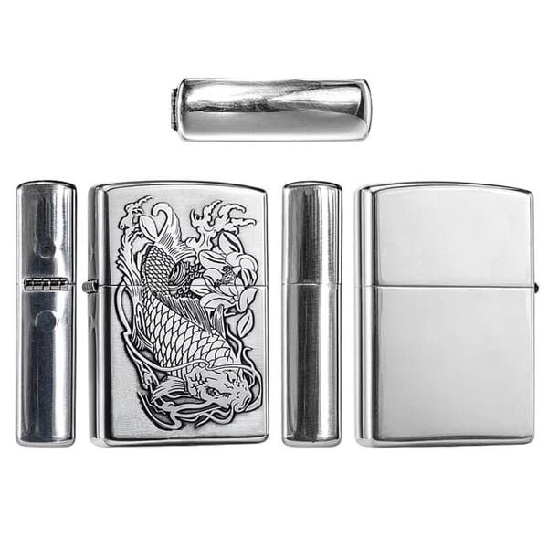 Bật lửa Zorro Bạc Khối Khắc Hình Cá Chép Đầm Sen ZBK01