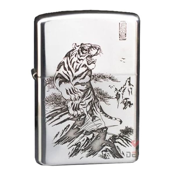 Bật lửa chính hãng Zorro Bạc Khối Khắc Hình Hổ Núi ZBK05