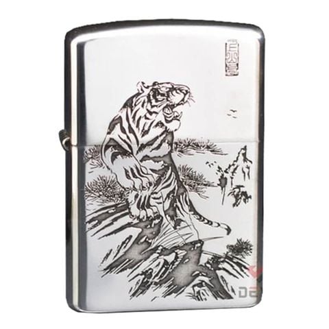 Bật lửa chính hãng Zorro Bạc Khối Khắc Hình Hổ Núi ZBK05