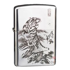 Bật lửa chính hãng Zorro Bạc Khối Khắc Hình Hổ Núi ZBK05