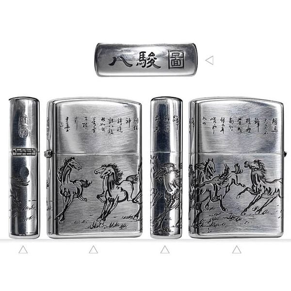 Bật lửa Zorro Bạc Khối Khắc Hình Đàn Ngựa Mã Đáo Thành Công ZBK02