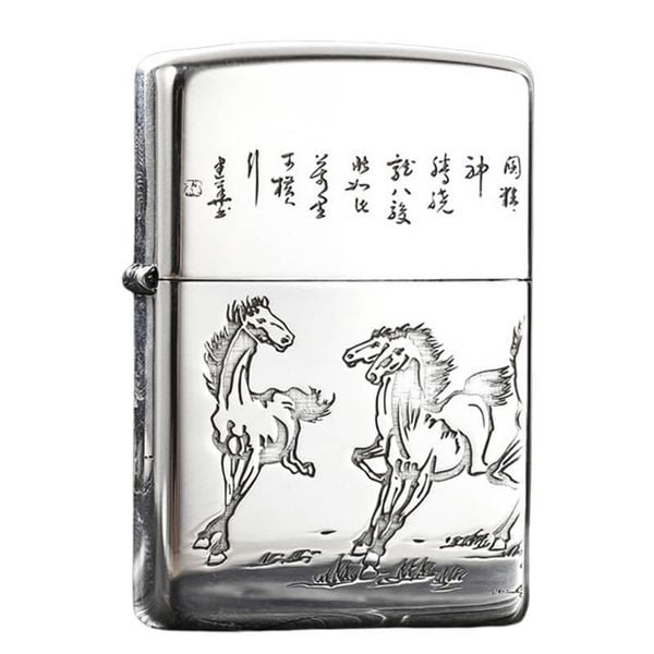 Bật lửa Zorro Bạc Khối Khắc Hình Đàn Ngựa Mã Đáo Thành Công ZBK02