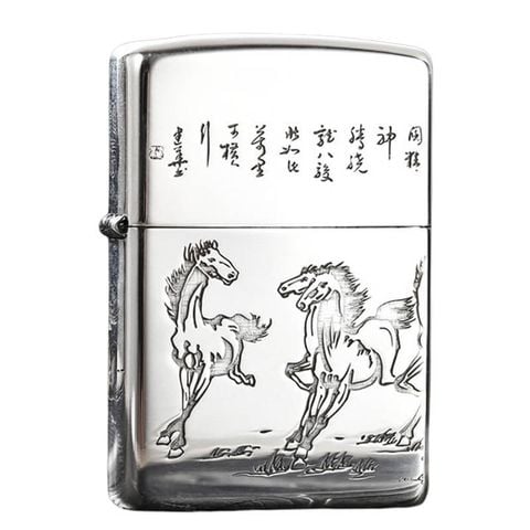Bật lửa Zorro Bạc Khối Khắc Hình Đàn Ngựa Mã Đáo Thành Công ZBK02